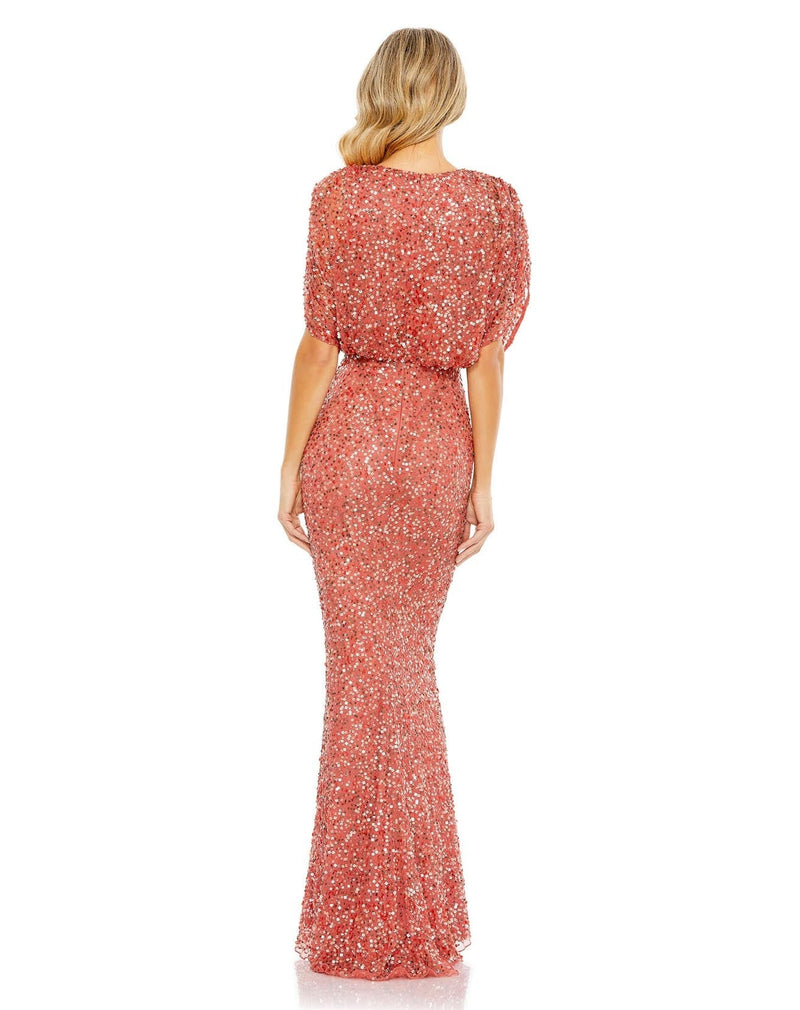 mac duggal red sequin dress Red Sequined High Neck Puff Long Sleeve Column Gown
