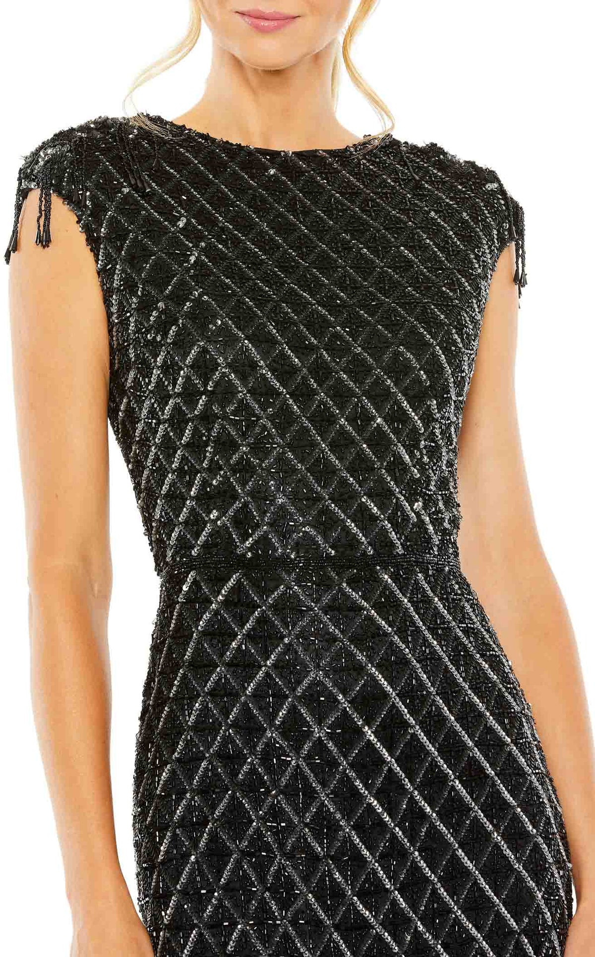 Mac Duggal Crystal Fringe Cap-Sleeve Dress