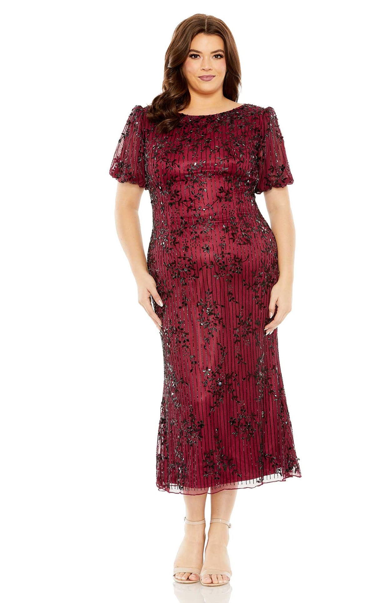 mac duggal burgundy dress Cicinia Burgundy Mother Of The Bride Dress Long Lace A-line Tea Length main image 1