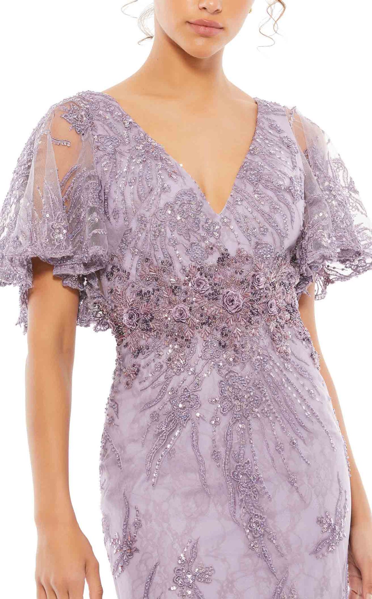 送料関税込■Mac Duggal■Vバック■ミディドレス■ Mac Duggal Floral Chiffon V-Neck Sleeveless Ruffle Tiered