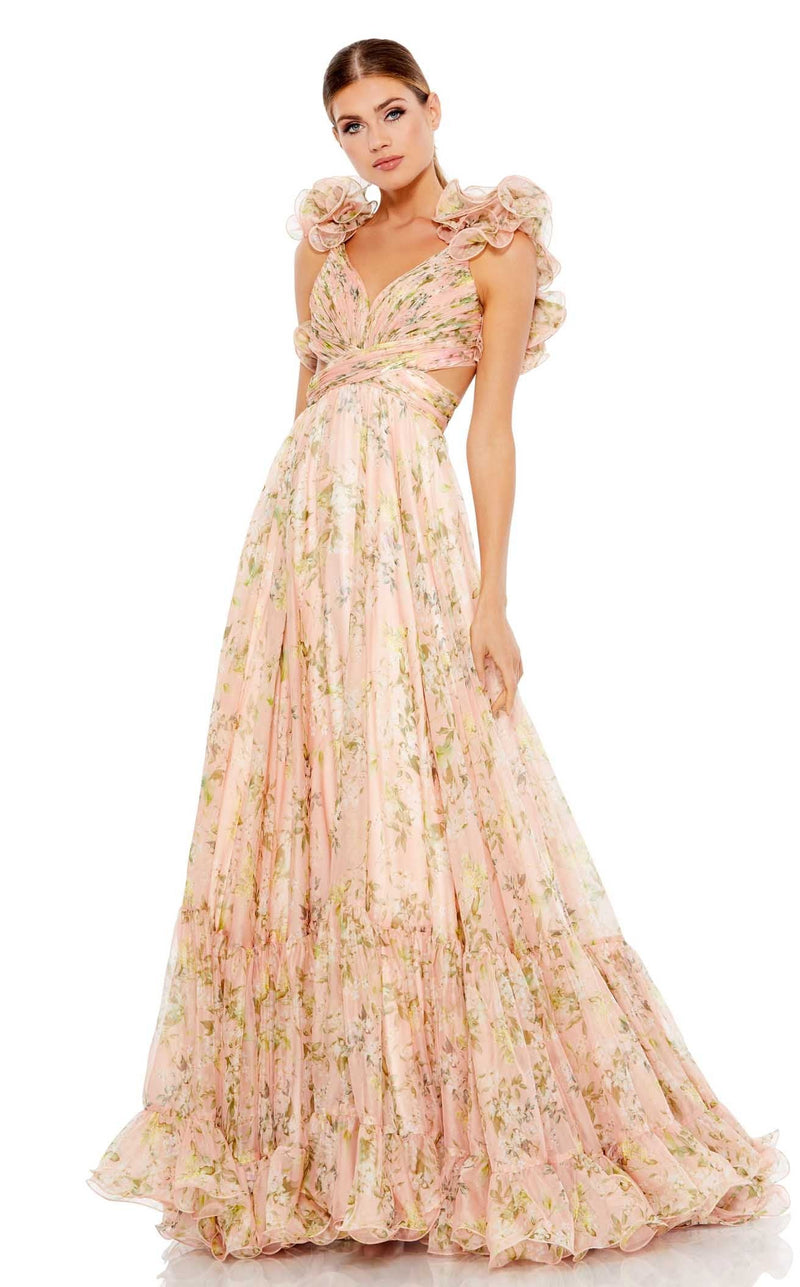 Mac Duggal Ruffle Tiered Floral Cut-Out Chiffon Gown - Blue