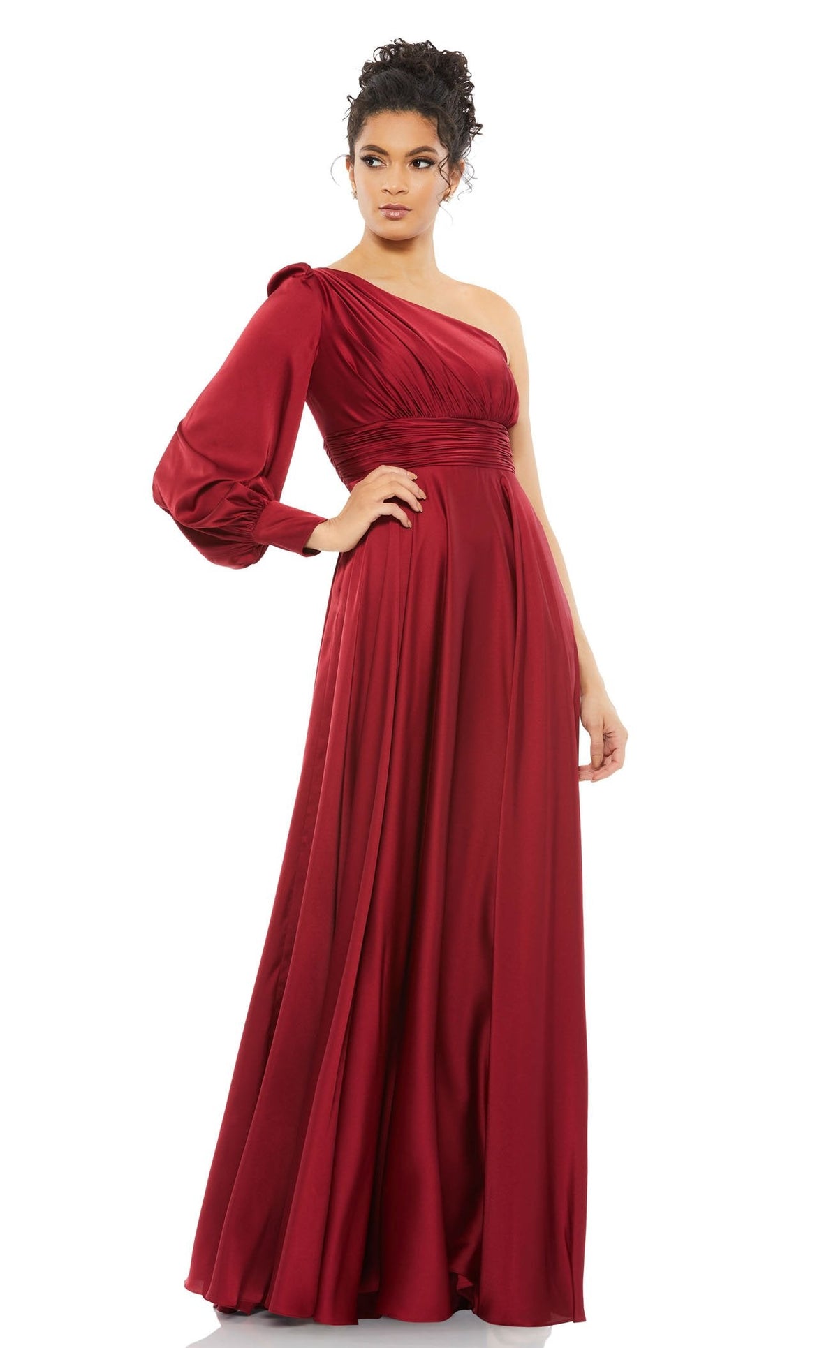 mac duggal red dress Orange One Shoulder Bishop Sleeve Flowy Gown