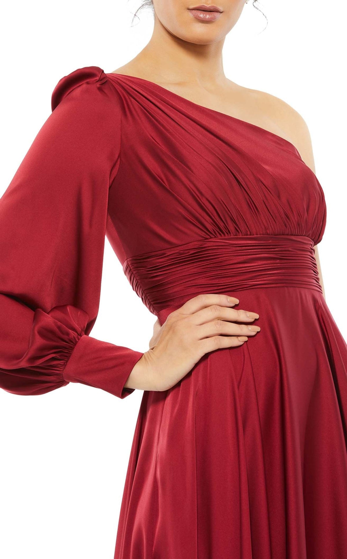 mac duggal burgundy dress Burgundy Ruffle Shoulder V-Neck Chiffon Gown
