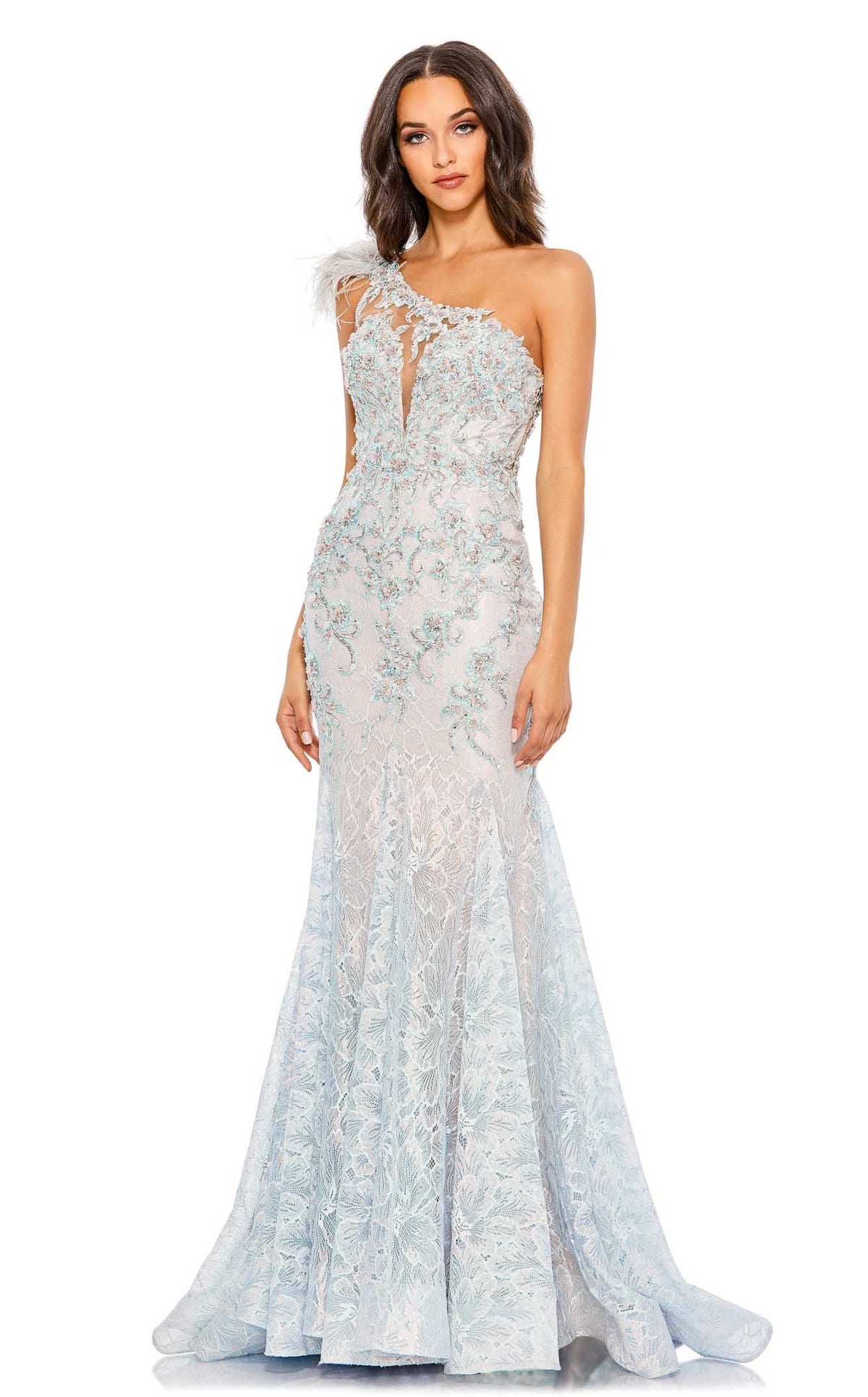 Mac Duggal Embroidered Applique Feathered One Shoulder Gown In Crystal Blue, Size 6 Mac Duggal Embroidered Applique Feathered One Shoulder Gown In Crystal Blue, Size 6