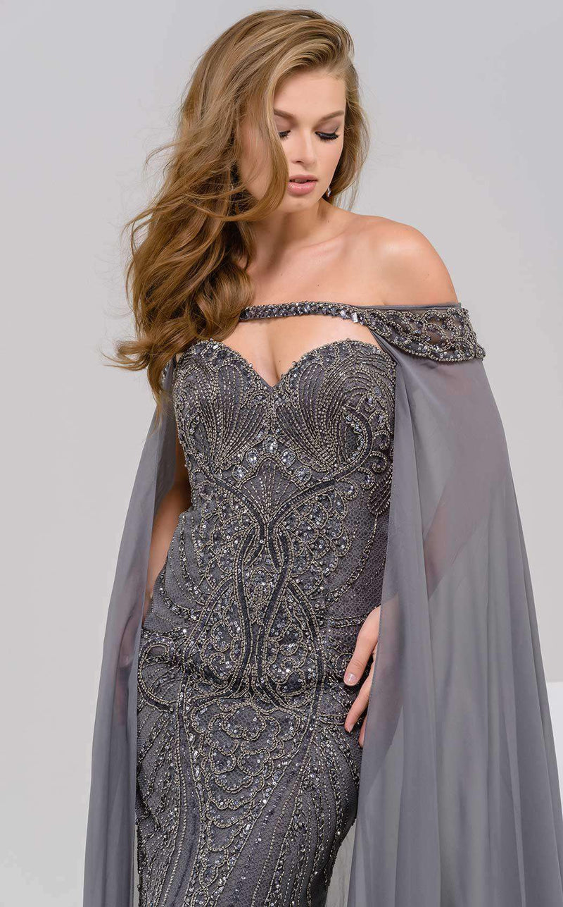 Jovani 65346 Fringe Evening Dress with Shoulder Cape - MadameBridal.com