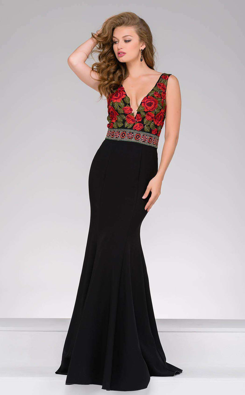 jovani red and black dress Jovani 60283 Red Plunging Neckline Embellished Dress