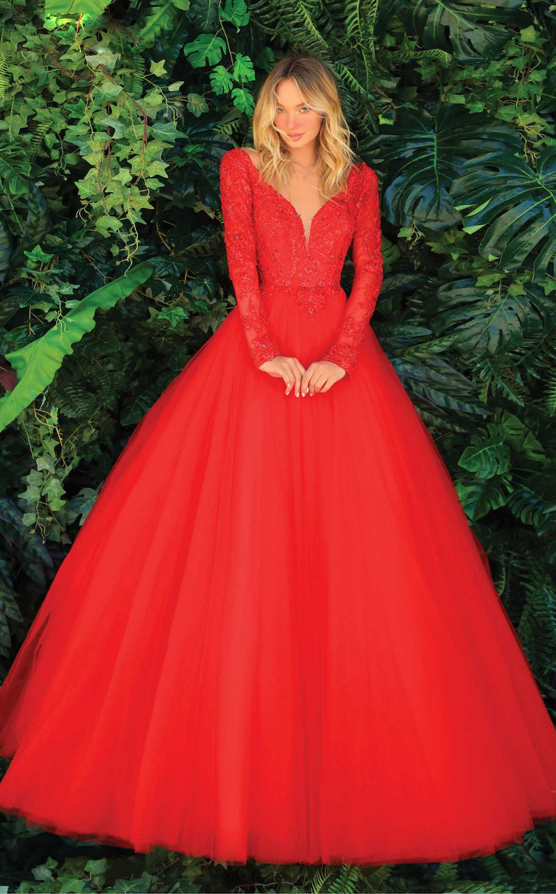 Draped-V-Neck Long Red Prom Dress by Alyce