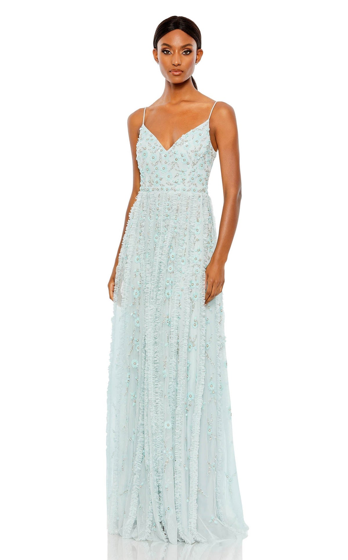 Embellished Ruffled Spaghetti Strap A Line Gown