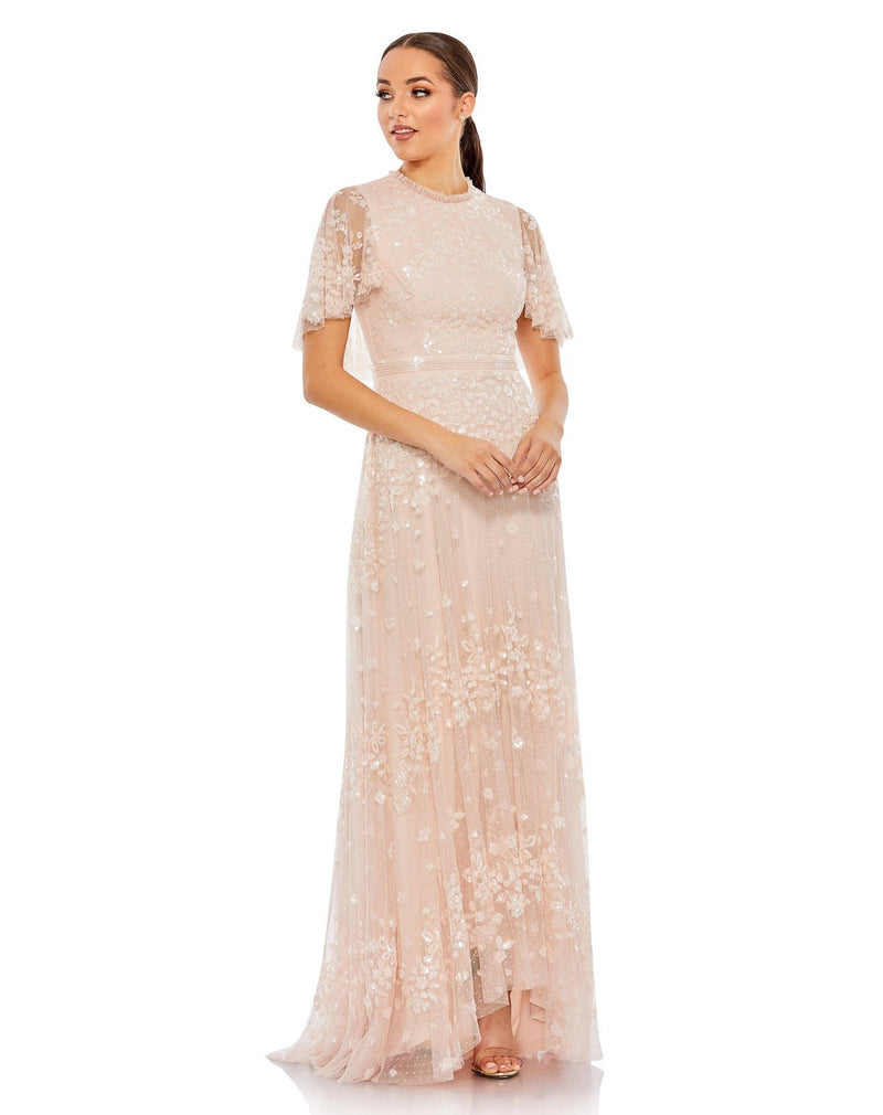 Mac Duggal Women's Sequined High Neck Flutter Sleeve A Line Gown - Pink - Size 6 - Blush Mac Duggal Women's Sequined High Neck Flutter Sleeve A Line Gown - Pink - Size 6 - Blush