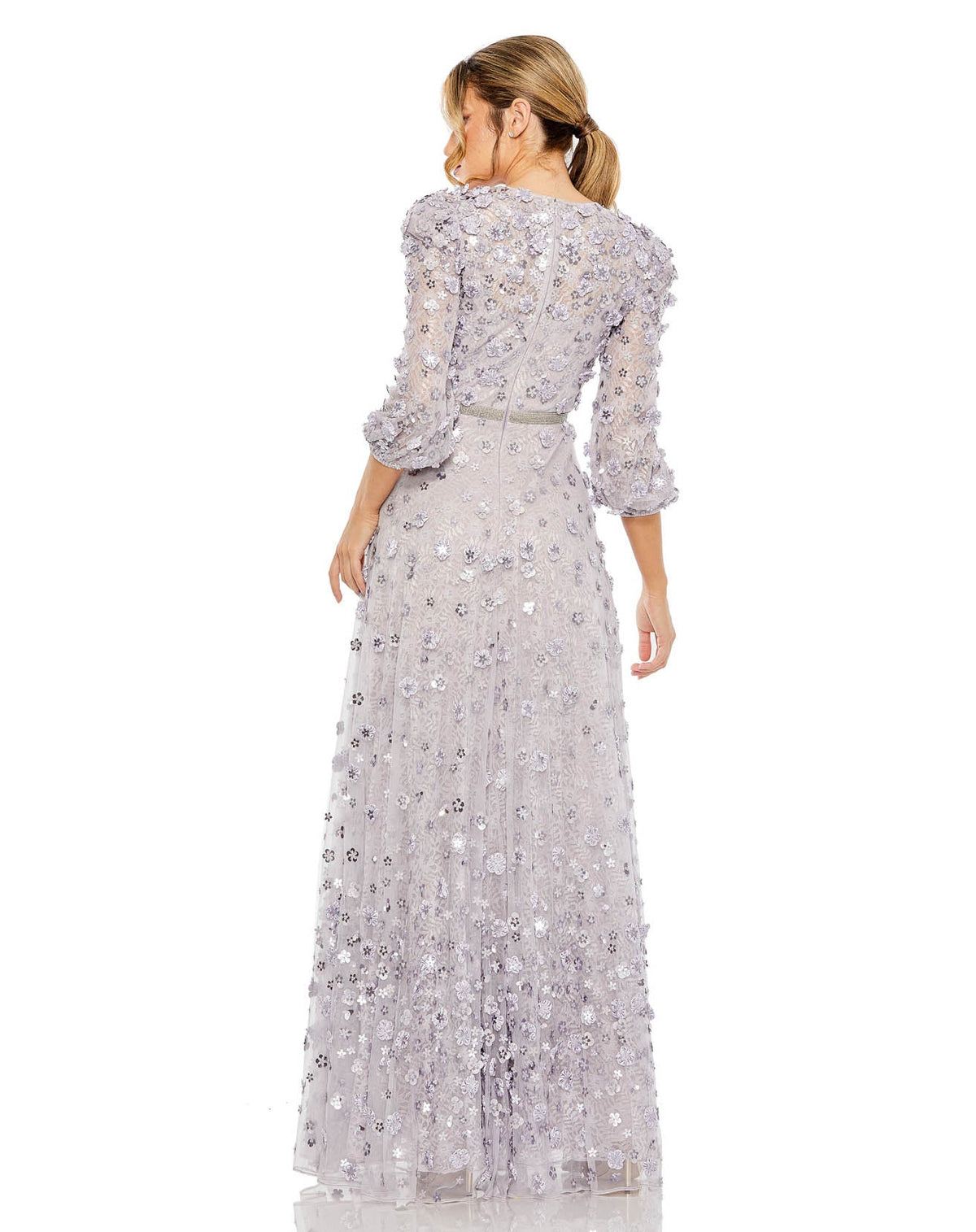 【Mac Duggal 】エレガント♪フリルストラップの花柄刺繍ガウン 花柄刺繍 ボリュームロングドレス グレイッシュラベンダー