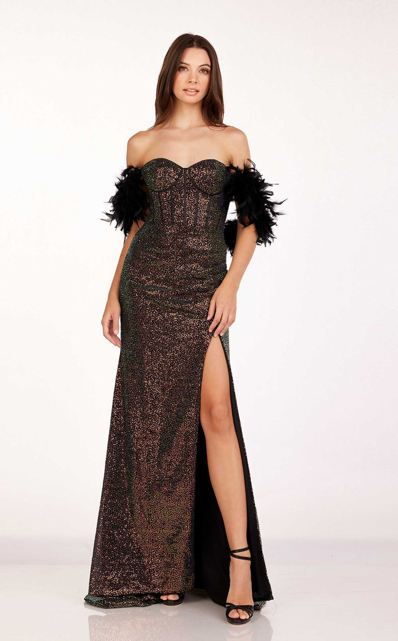 abby paris black dress Sequin Feather Long Sleeve Gown by Abby Paris 90227 8 / Black