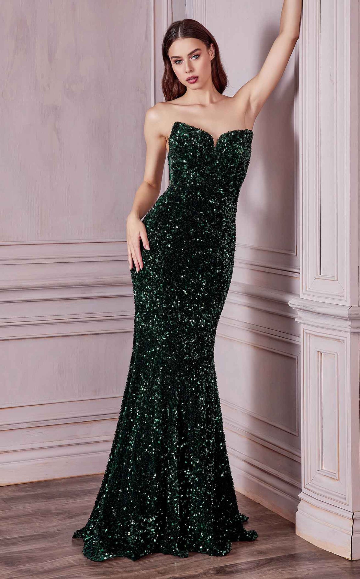 green emerald velvet dress Cinderella Divine -CDS530 Strapless Sweetheart Sequins Prom Dress