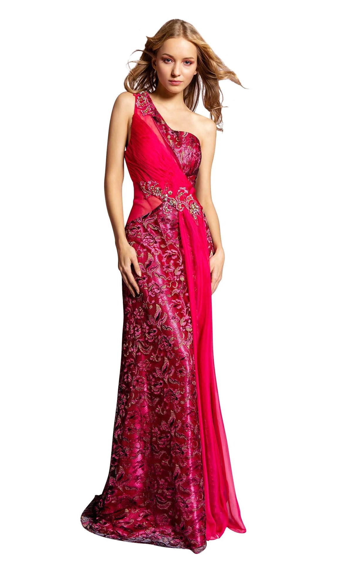 red a line v neck prom dress Ladivine CC415 Size 12 Red Sheer Beaded V Neck Corset Prom Dress A Line Shimmer Ballgown Formal Gown main image 1
