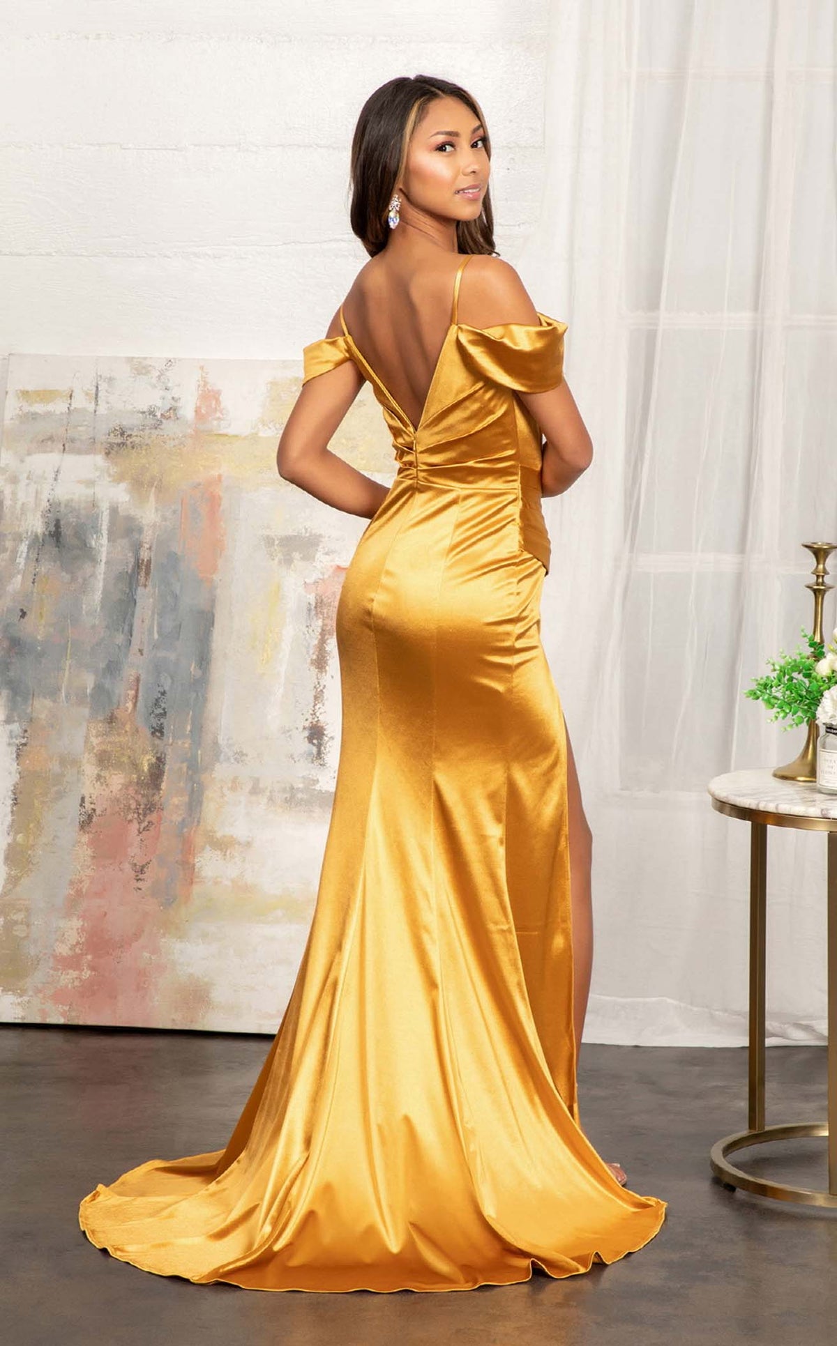slim fit dress slacks Glorious One Shoulder Yellow Prom Dress Split Long with Pockets main image 0