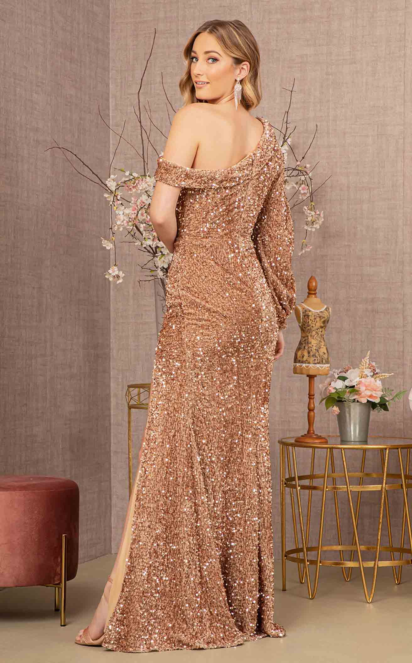 Elizabeth K Style GL3159 Sequin Asymmetric Velvet Mermaid One Long Puff Sleeve Elizabeth K Dress