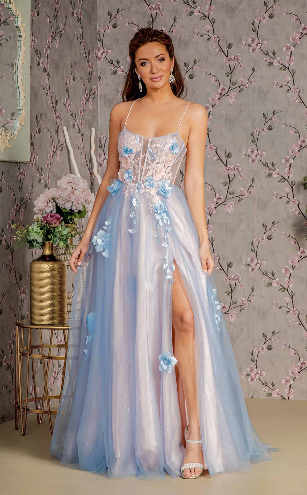 GLS by Gloria GL3250 Women's Formal Evening & Wedding Guest Dress - Blue/Peach