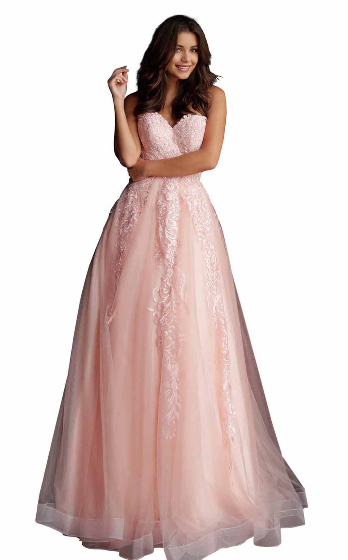 strapless open back dress JVN by Jovani JVN67051 - Embroidered Bodice Prom Gown 14 / Light-Blue main image 0