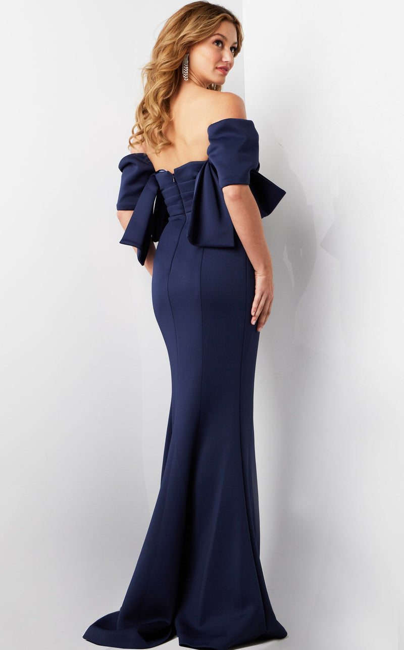 jovani navy mermaid dress Off Shoulder Fitted Mermaid Gown 44729