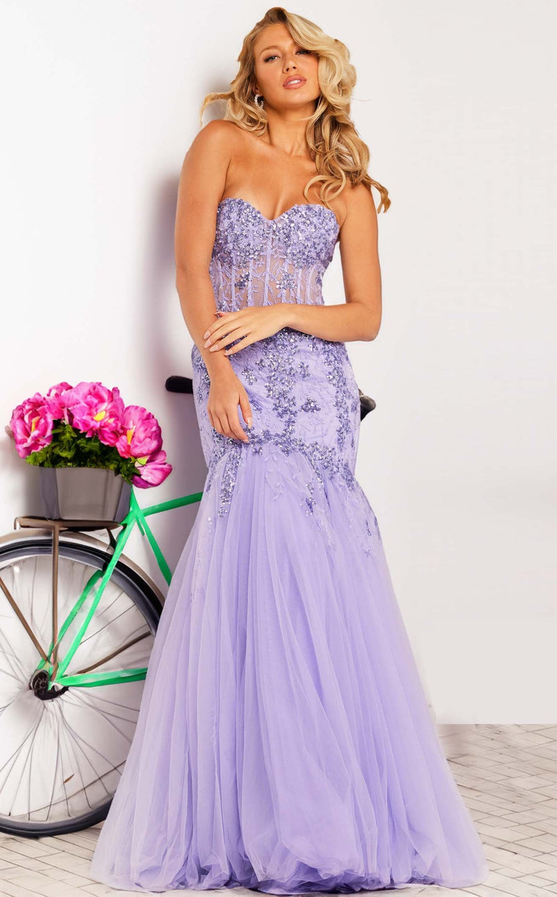 jovani lilac prom dress Jovani 37414 size 10 Lilac Long sheer Mermaid Prom Dress Fitted Formal