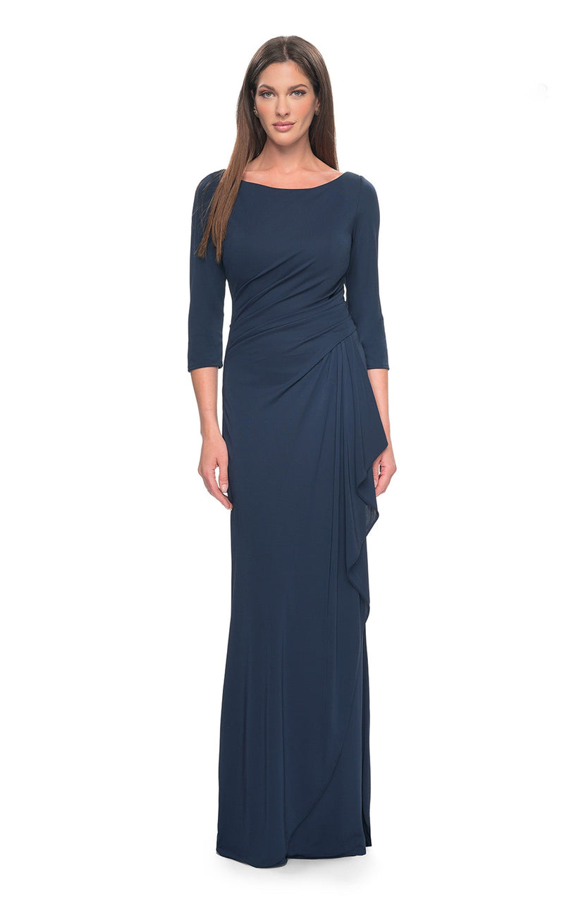 la femme navy blue dress La Femme 32955 - Long Satin Sheath Dress