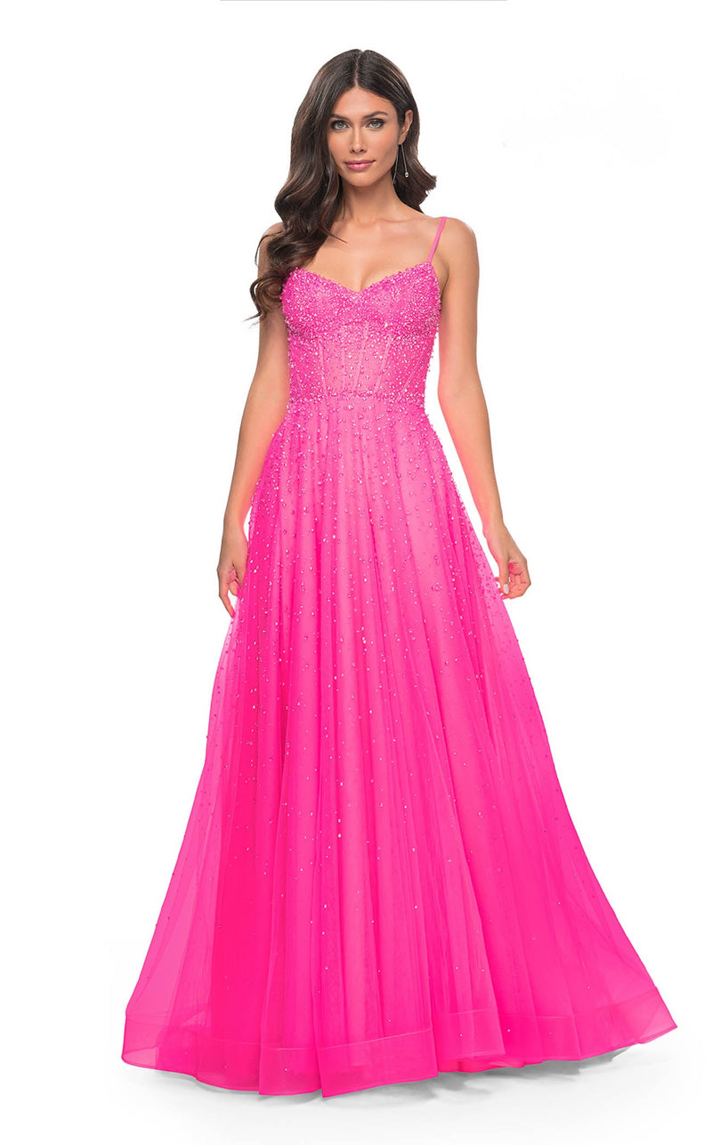 la femme pink prom dress Pink Floral-Print Corset Prom Dress: La Femme 32686 Pink / 00