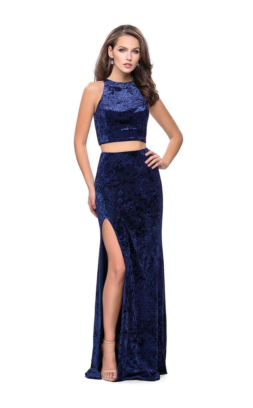 green emerald velvet dress Navy Blue Two Piece Prom Dresses Beadings Rhinestones Long Tulle Ruffles Prom Gowns main image 0