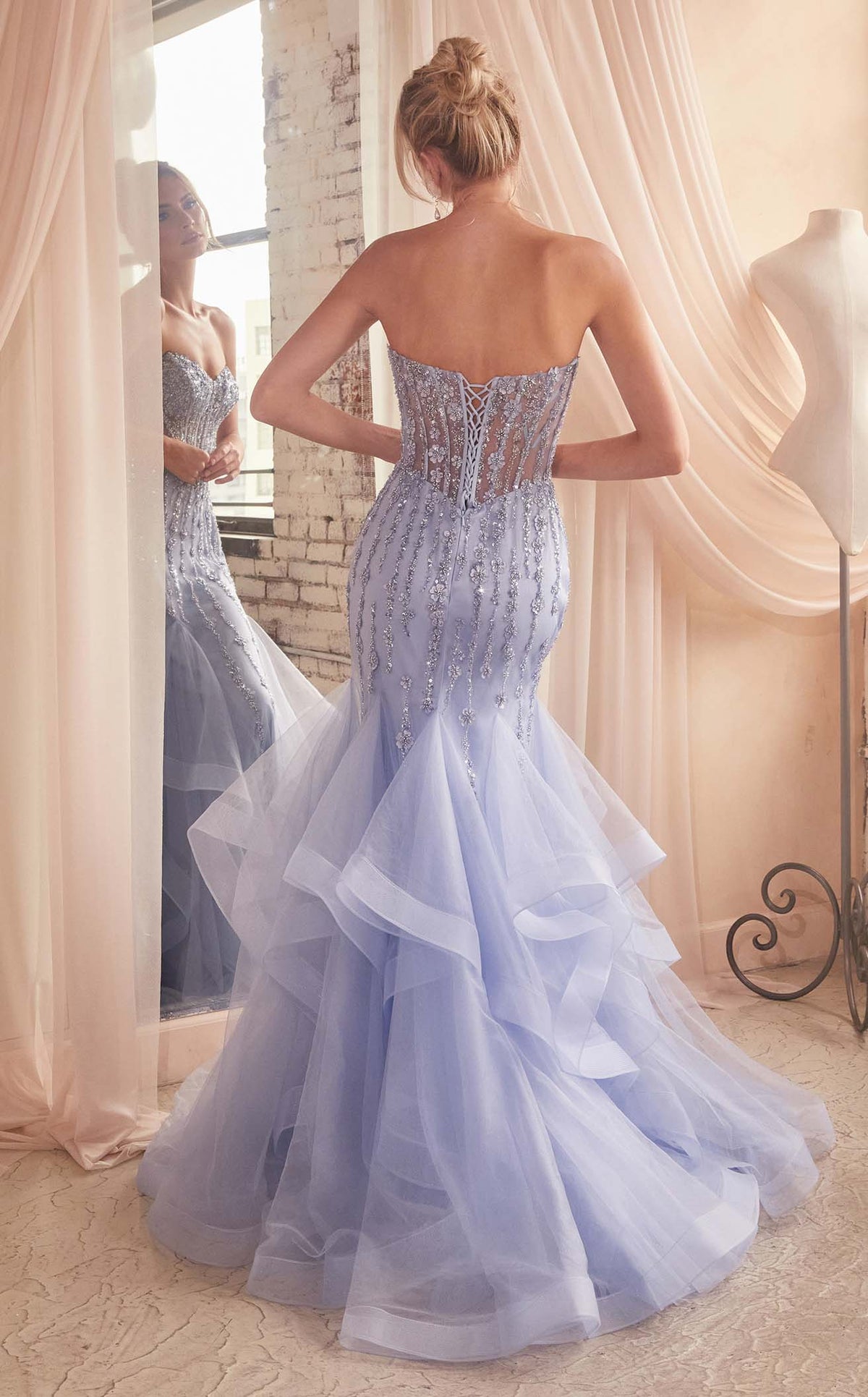 Lumignon Riobon border nermaid dress ブルー Ladivine CB139 Size 8 Ocean Blue Sheer Corset Shimmer Mermaid