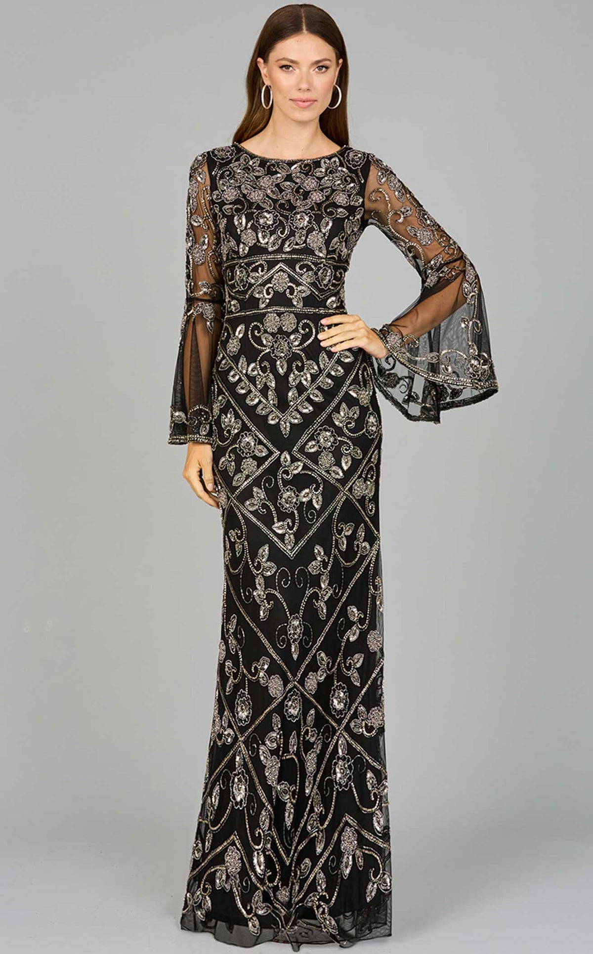 Lara Women's Bell Sleeved High Neck Beaded Gown
