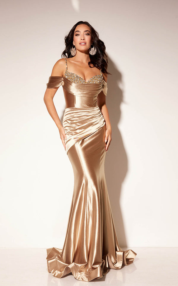 Sexy Gold Prom Dress with Corset Back,Long Evening Dresses with Slit,P -  Wishingdress