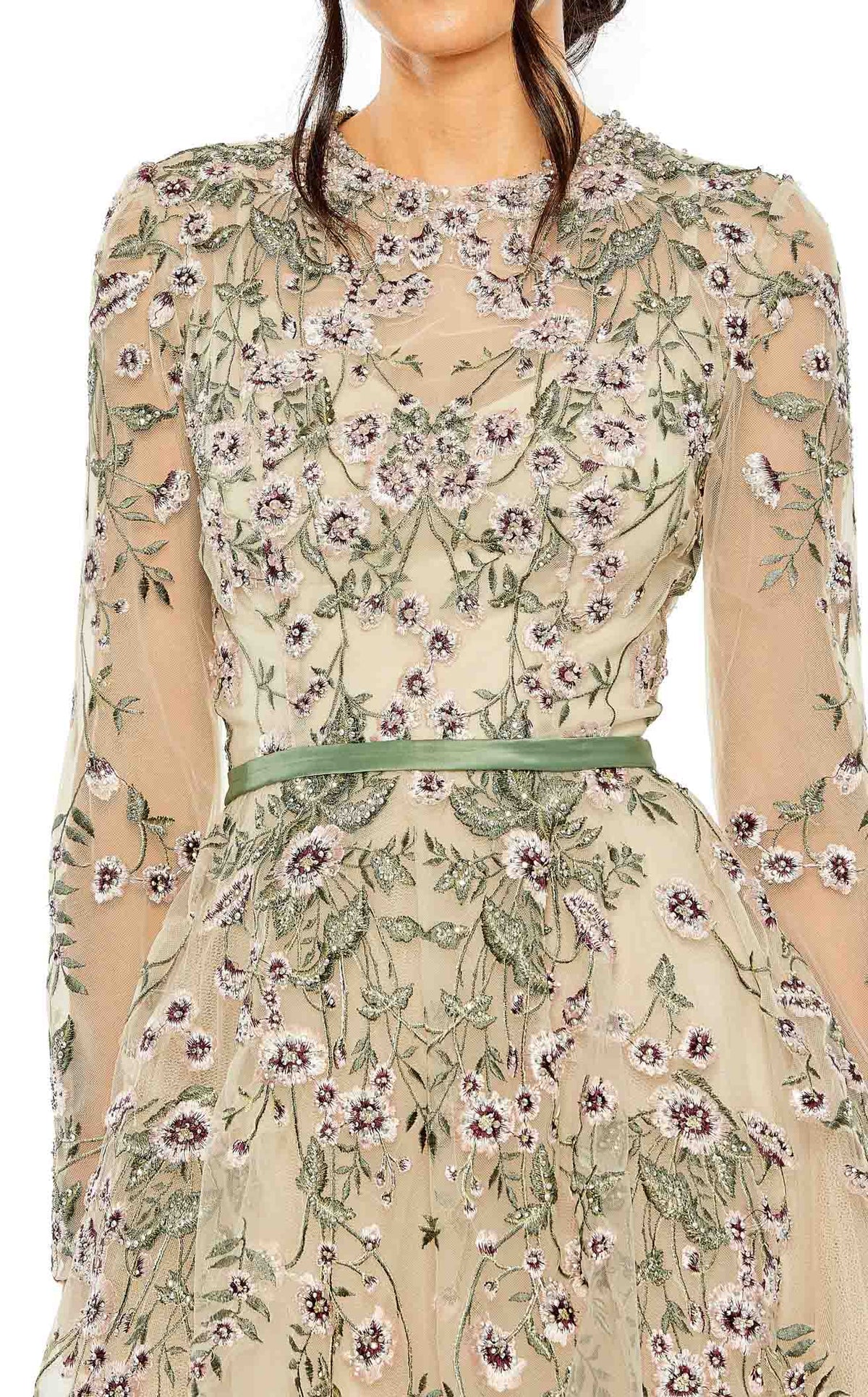 Long Sleeve Floral Embellished A-Line Gown | Mac Duggal Sage Multi / US 4 Long Sleeve Floral Embellished A-Line Gown | Mac Duggal Sage Multi / US 4