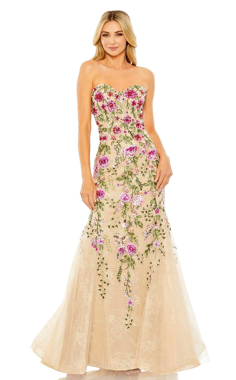 Strapless Bustier Floral Embroidered Mermaid Gown | Mac Duggal Pink Multi / US 12 Strapless Bustier Floral Embroidered Mermaid Gown | Mac Duggal Pink Multi / US 12