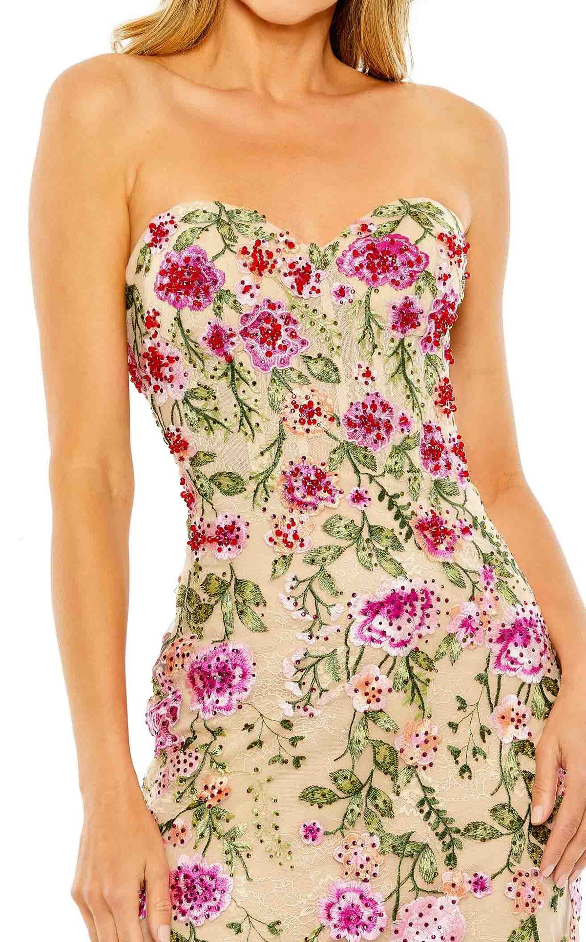Strapless Bustier Floral Embroidered Mermaid Gown | Mac Duggal Pink Multi / US 12