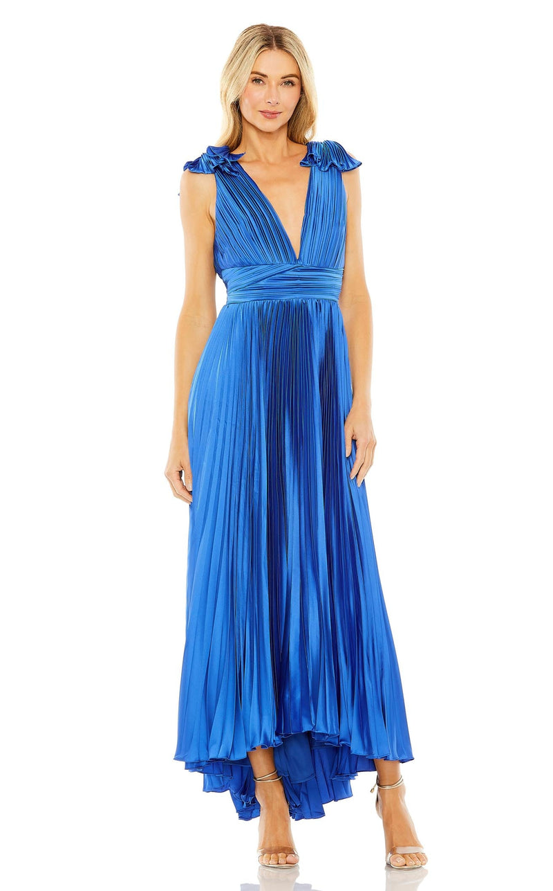 【MAC DUGGAL】ロングドレス グリーン プリーツ 長袖 サテン Green Pleated Long Sleeve V-Neck Gown - Mac Duggal