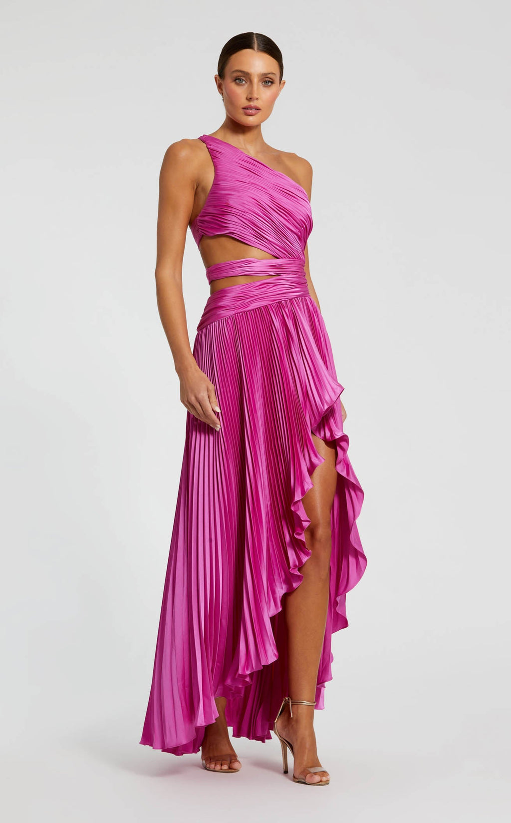 mac duggal pink pleated dress Mac Duggal Women's Pleated Ruffle Cap Sleeve Flowy A Line Gown - Pink - Size 14