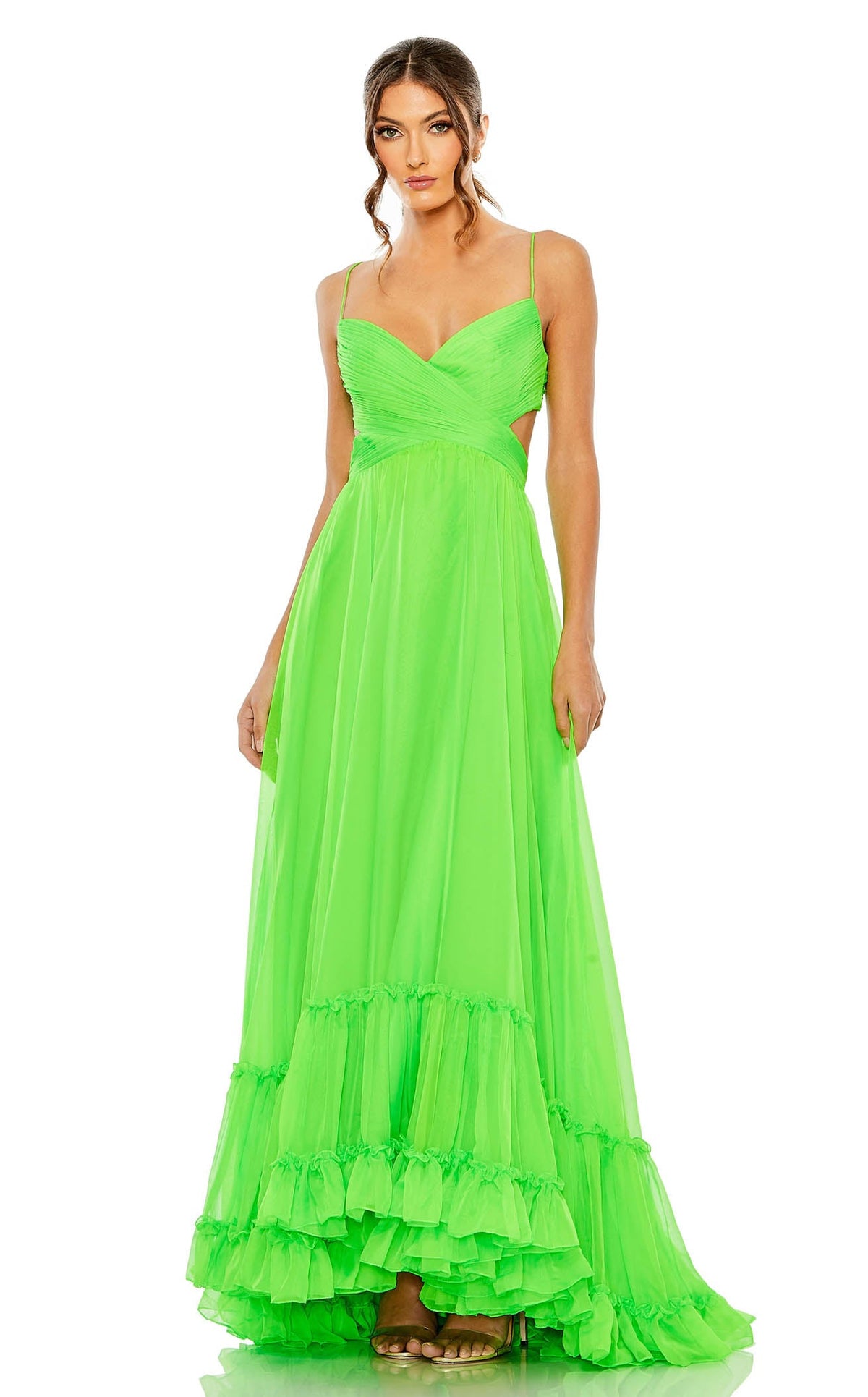 Mac Duggal Ruched Tiered Spaghetti Strap Gown - Lime Mac Duggal Ruched Tiered Spaghetti Strap Gown - Lime