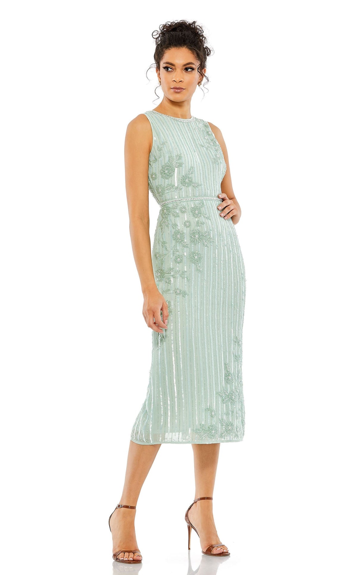 Pink Striped Floral Embellished Sleeveless Midi Dress - Mac Duggal Rose / US 0 Pink Striped Floral Embellished Sleeveless Midi Dress - Mac Duggal Rose / US 0