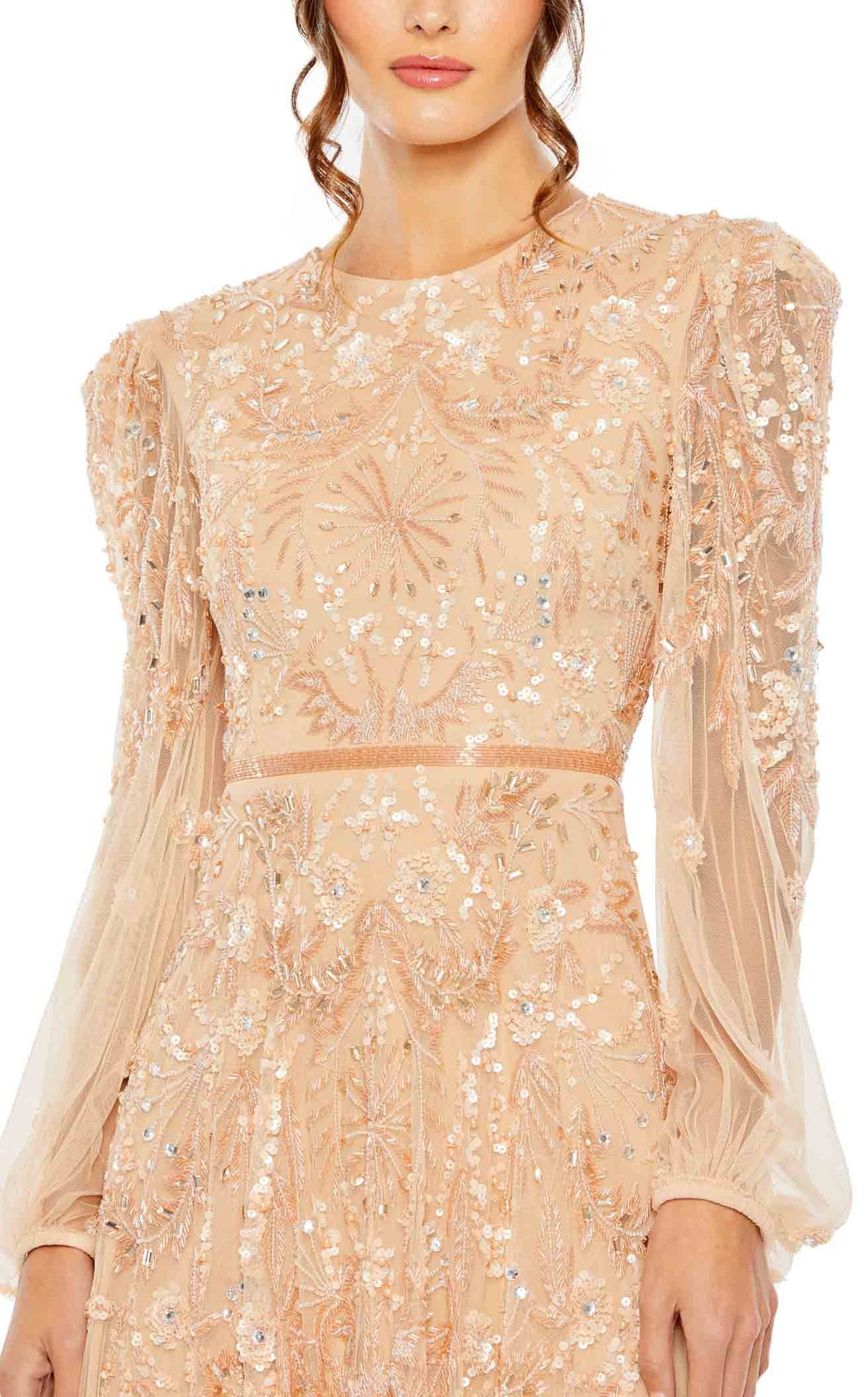 【MAC DUGGAL】フリルネック＆カフスが特徴的☆長袖レースドレス Mac-Duggal-93930-Champagne-