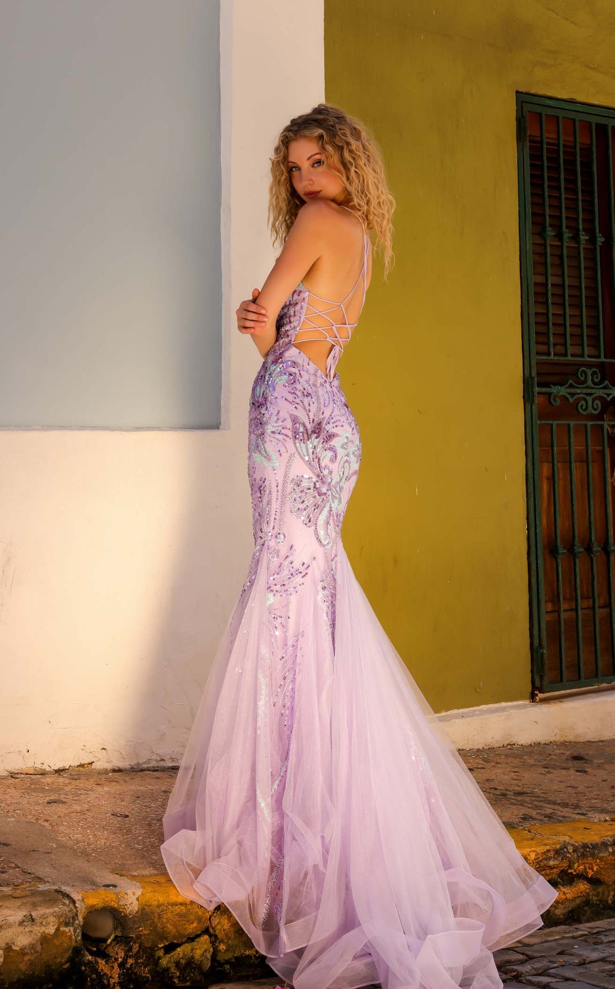 open lace back dress Nox Anabel F1470 Sequin Sheer Cut Out Maxi Slit Prom Dress Peak Point Strapless Gown 0 / Neon Orange main image 1
