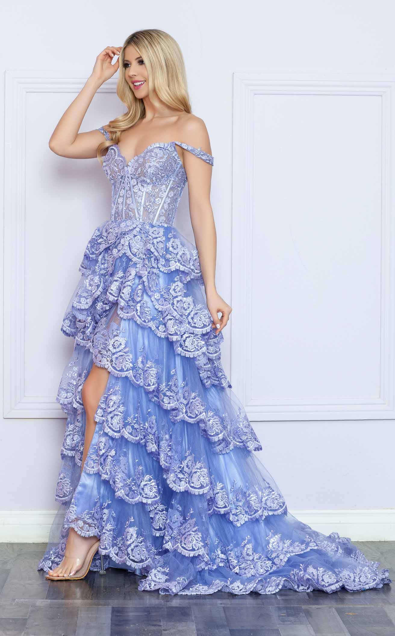Nox Anabel R1299 Long Off the Shoulder Tiered Skirt A-Line Formal Gown