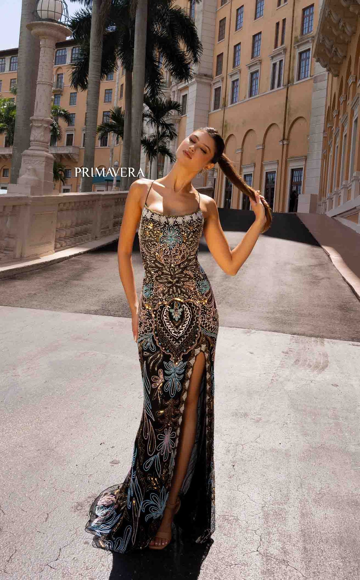 open lace back dress Primavera Couture 4156 Prom Dress - Black Multi