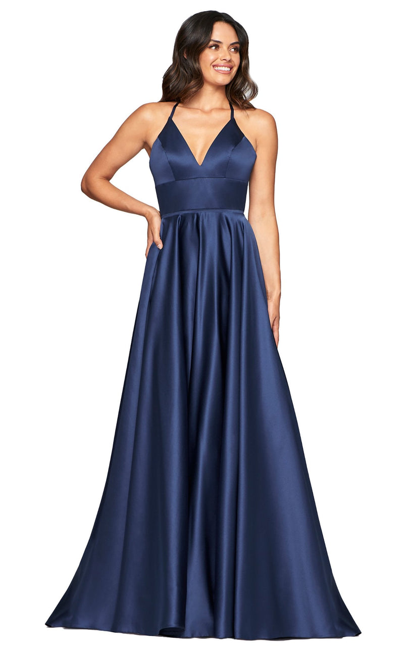 Windsor Navy Blake Lace Back Satin Navy Prom Dress with Pockets XS