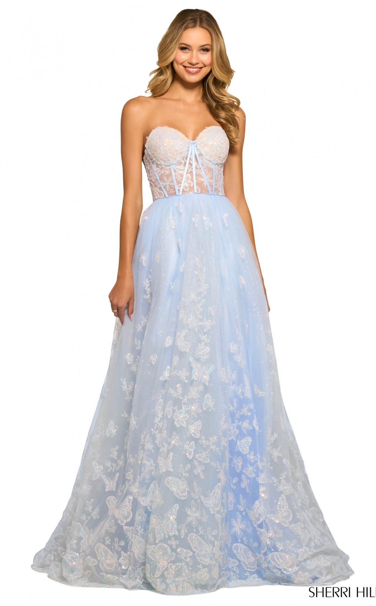 sherri hill blue and white prom dress 55310 Group: Mini-Dress MTV Video Jockey and CELESTIAL WHISPER GOWN IN Belt Size:Large (Fits M-L / 31