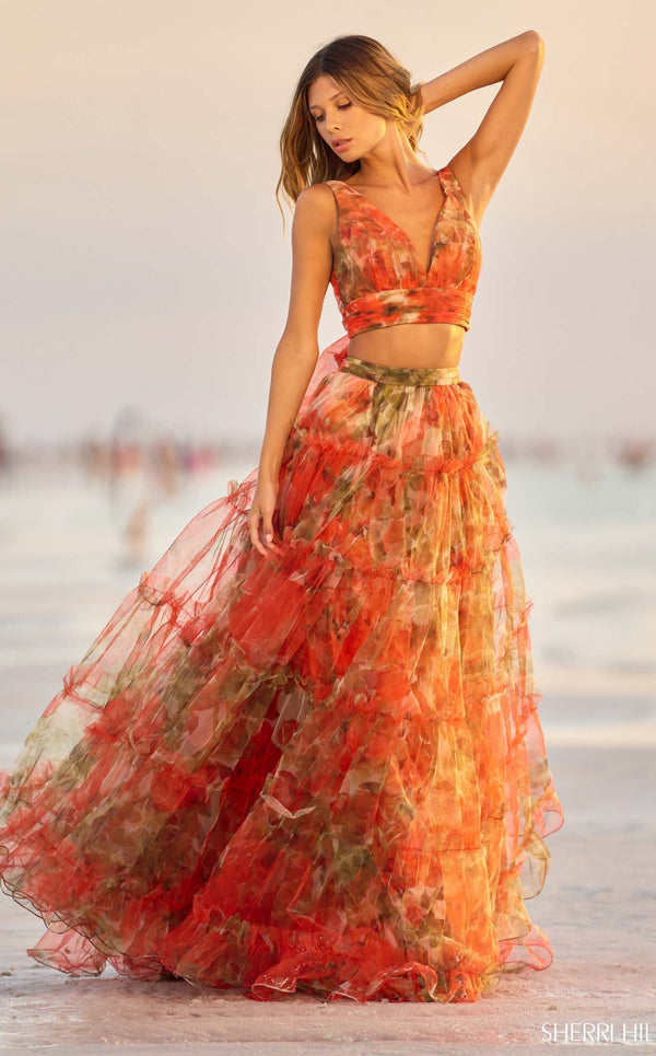 Sherri Hill 56151 Orange Print