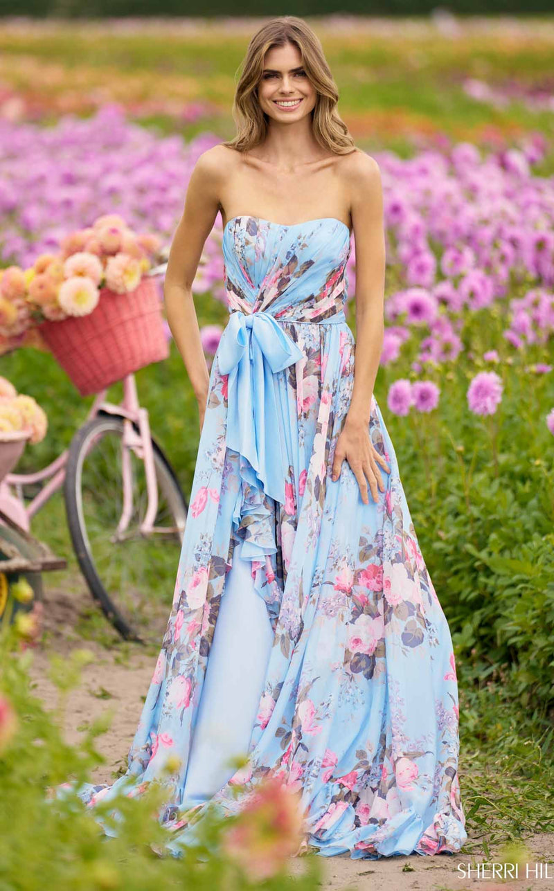 sherri hill blue floral dress Sherri Hill 56234 Women's Formal Evening & Wedding Guest Dress - Ivory Print