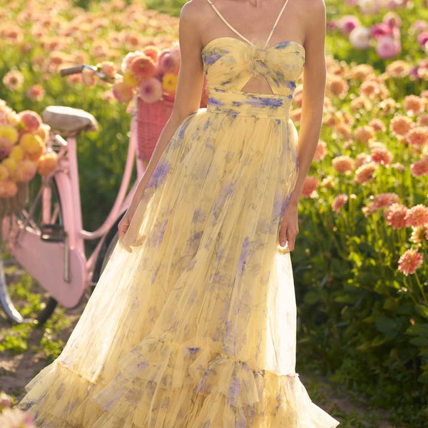 yellow prom dress sherri hill 56382 High Neckline A-Line Tulle Evening Gown feathers and floral Sherri Hill floral yellow prom