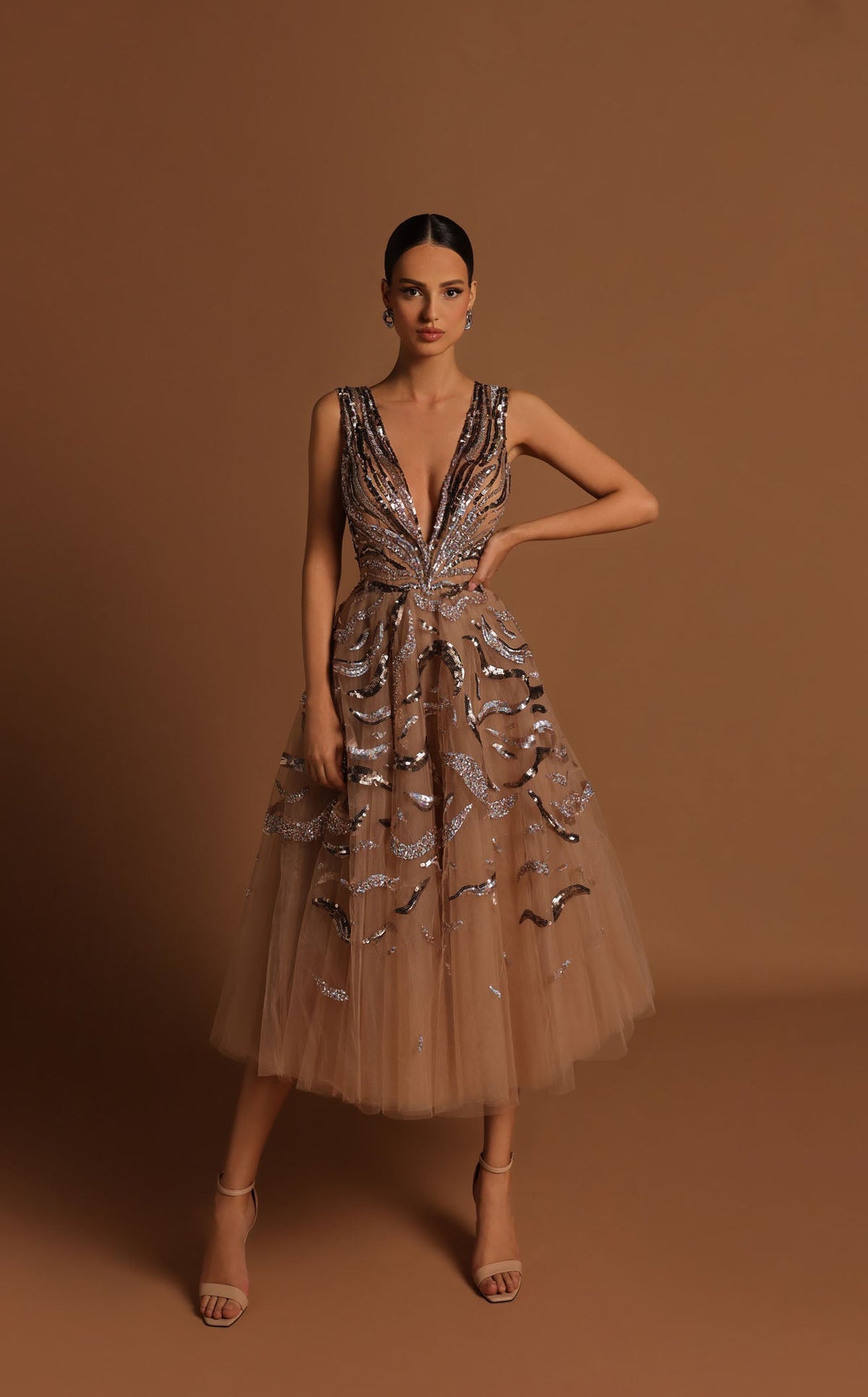knee length dresses for ladies Tarik Ediz 98559 Prom Dress - Caramel