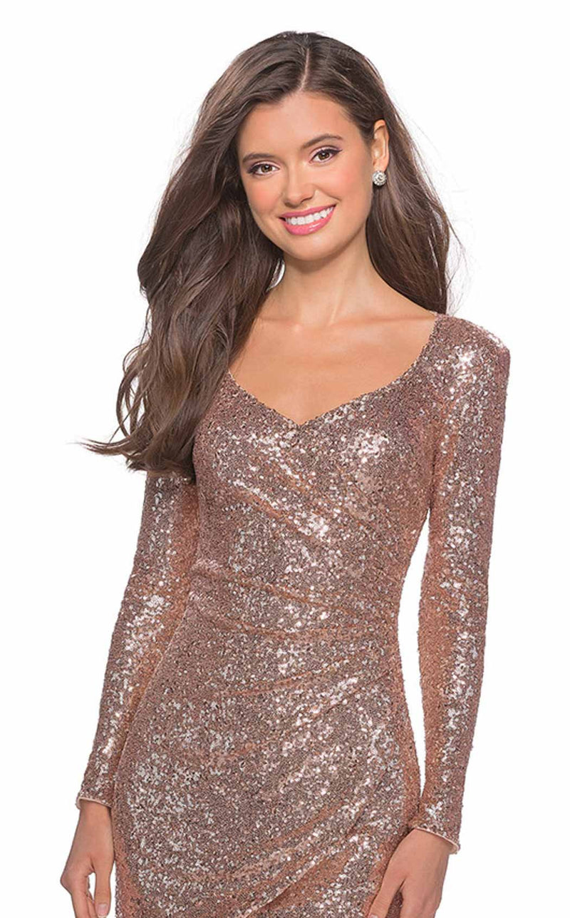 la femme gold sequin dress La Femme 32613 - Long Beaded Jersey Sheath Dress - Floral sequin embellishments, fitted bodice, three-quarter sleeves 8 / Cocoa