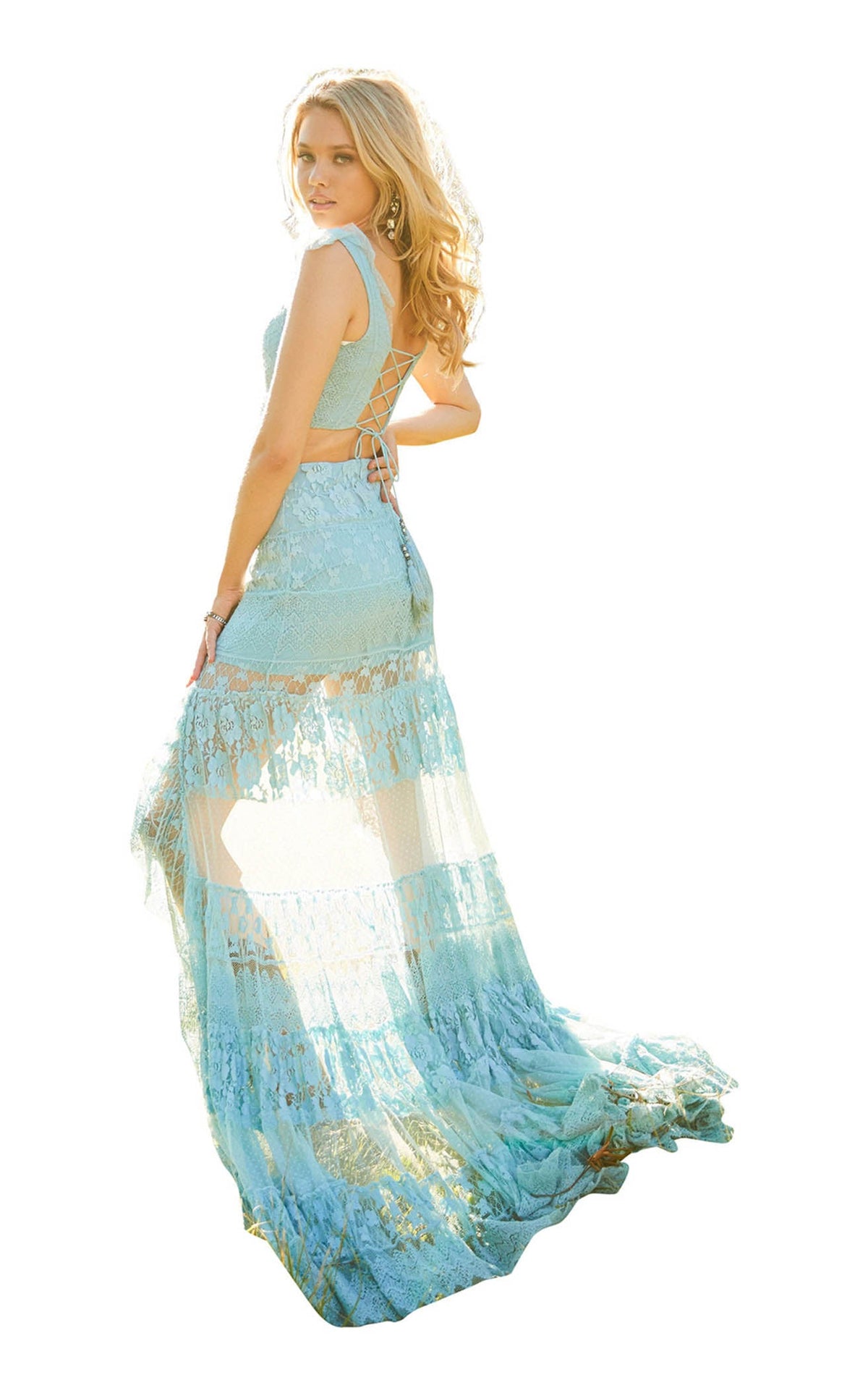 sherri hill bohemian dress SHERRI HILL 52472 Bohemian Lace Dress - Skirt Only - Size 2 Blue - High Low  Prom